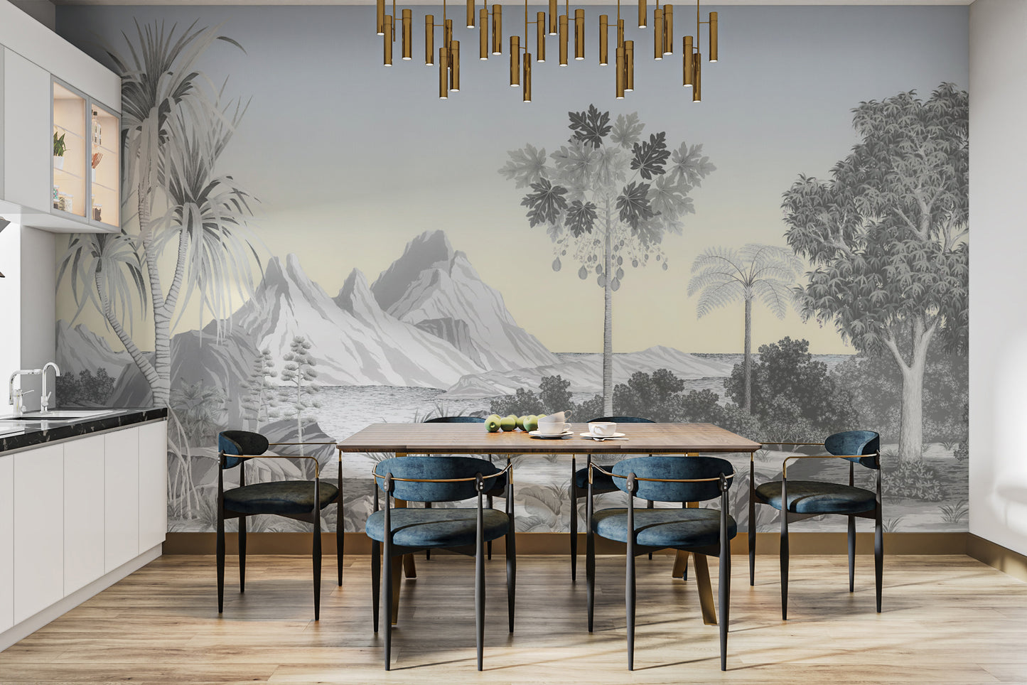 Hand-drawn botanical scenic wall mural
