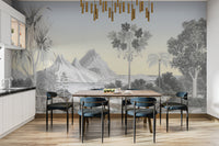 Hand-drawn botanical scenic wall mural
