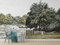 Timeless Riverbank Trees and Boats Mural
