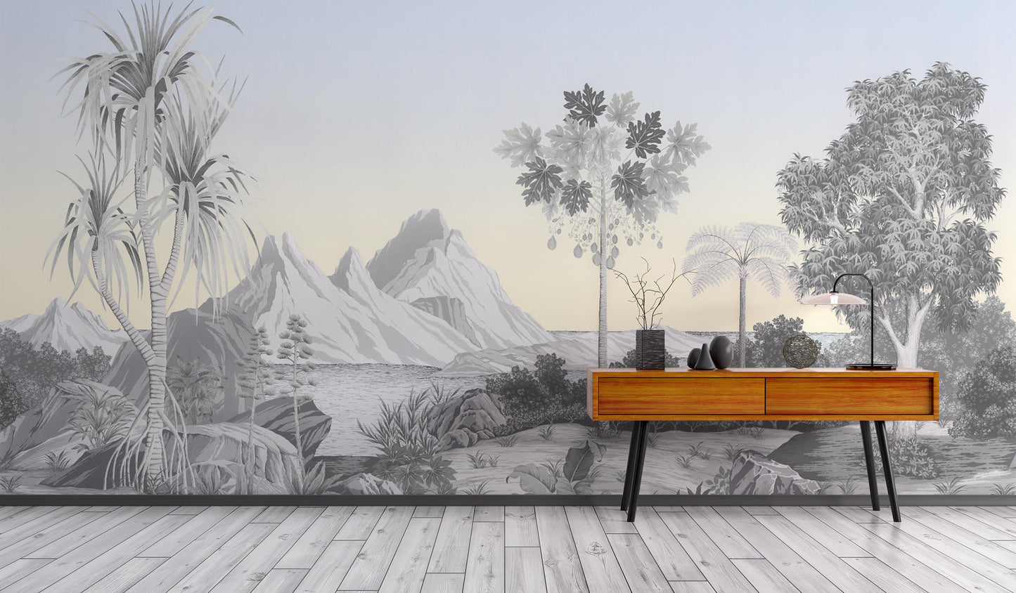 Serene landscape mural with lush foliage
