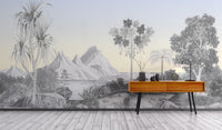 Serene landscape mural with lush foliage
