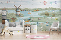 Lakefront mural for calm children’s rooms