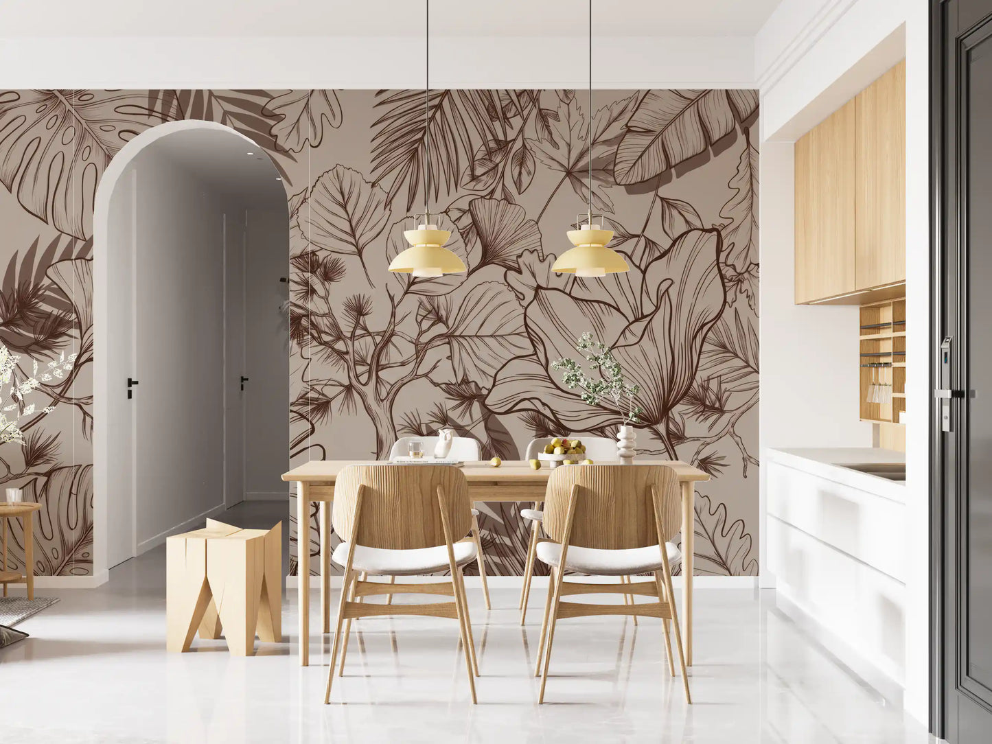 Monochromatic Botanical Line Art Wall Mural