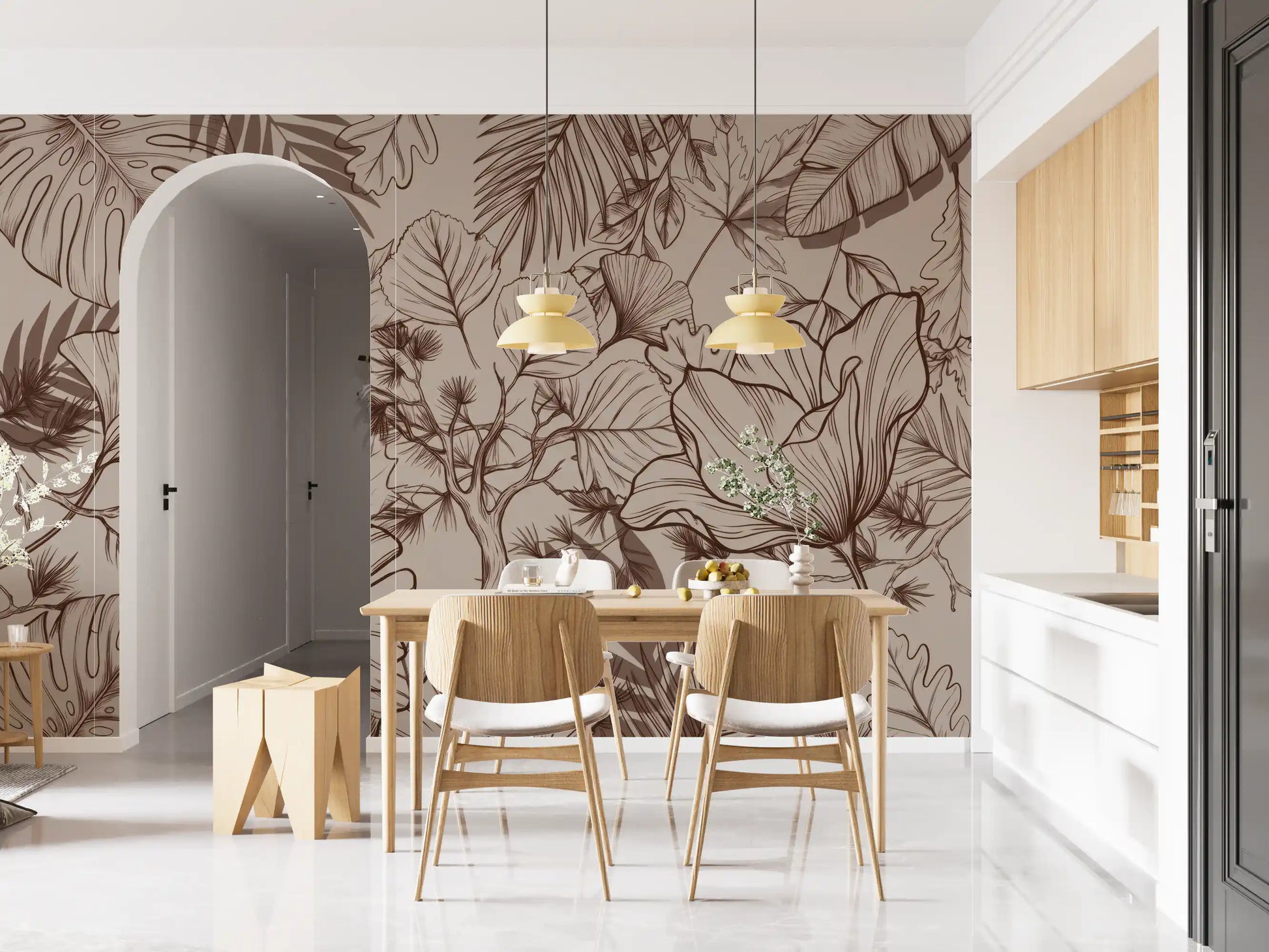Monochromatic Botanical Line Art Wall Mural
