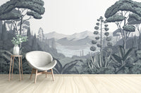 Serene black and white forest wallpaper
