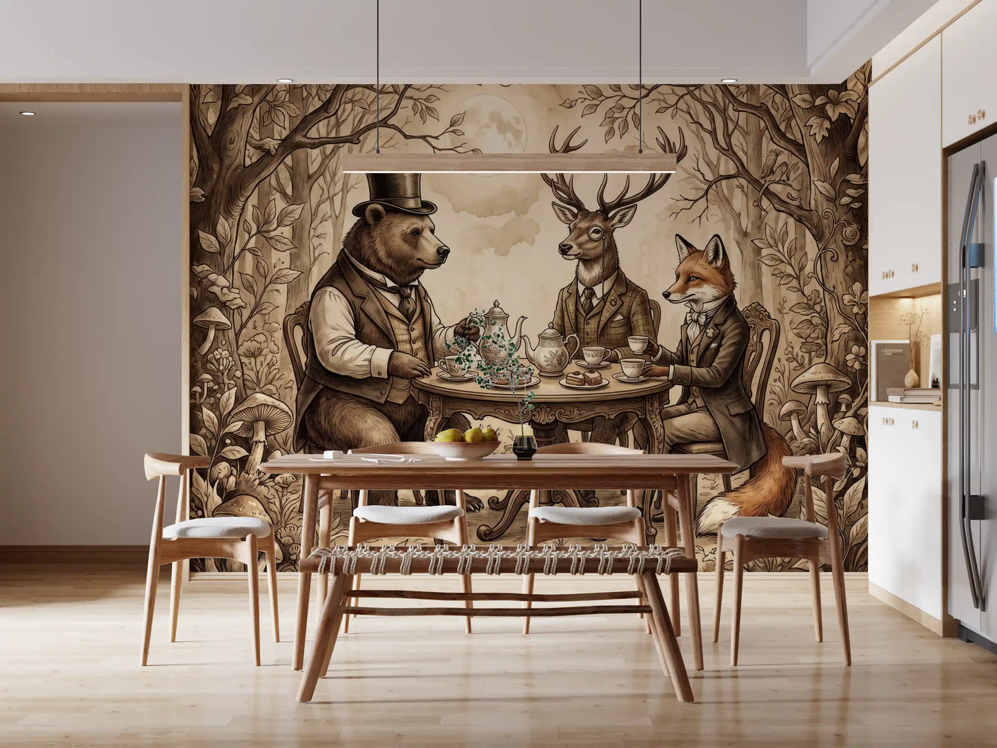 Woodland Tea Party in Sepia Wall Mural