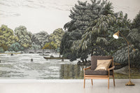 Vintage Lakeside Wallpaper with Boats
