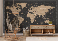 Vintage Black Golden World Map Wallpaper Murals - Giffywalls