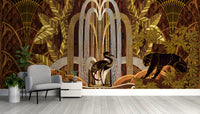 Vintage jungle scene art deco wallpaper
