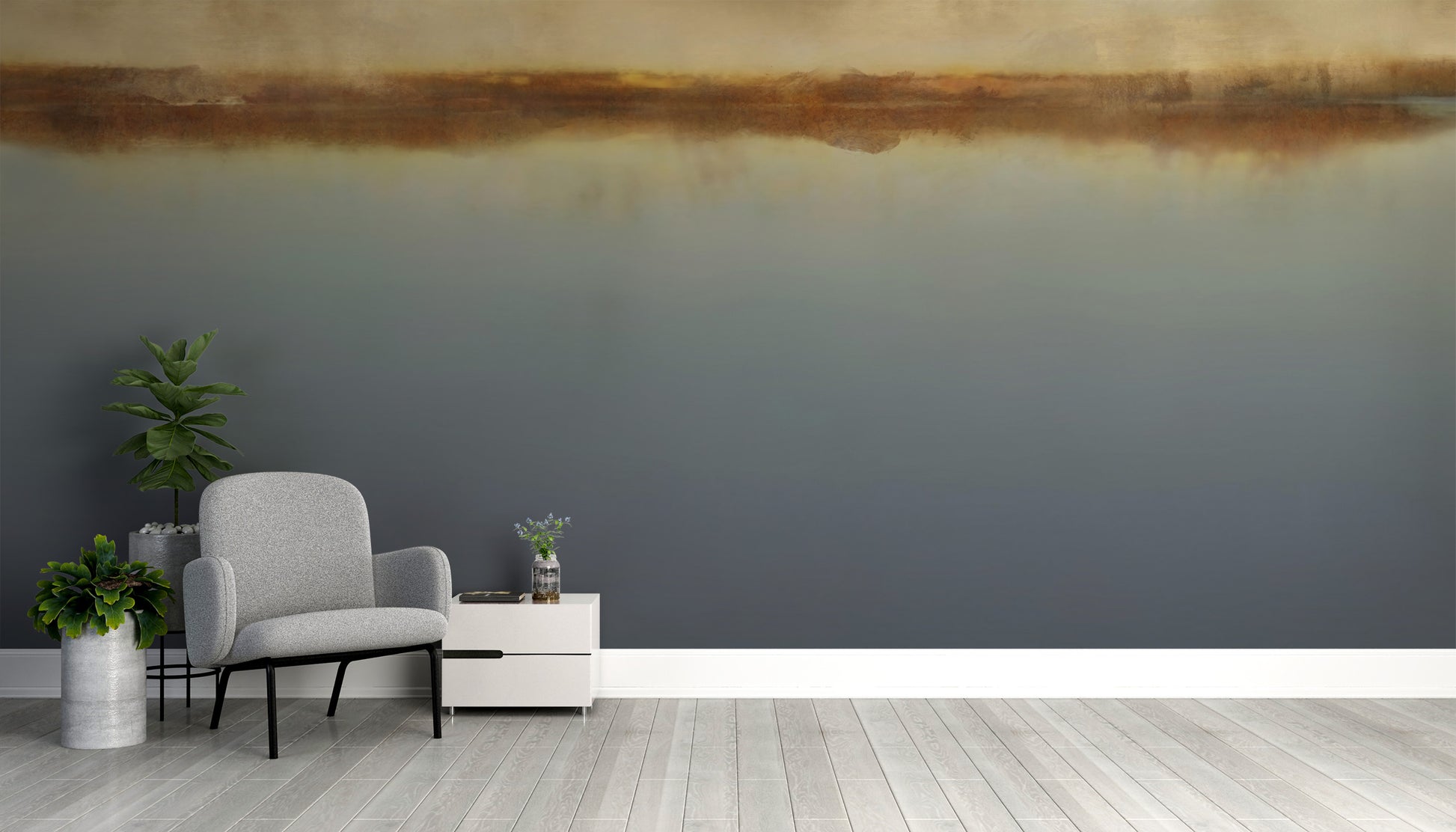 Tranquil foggy lake wall mural design
