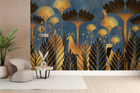 Gold and blue botanical wallpaper design
