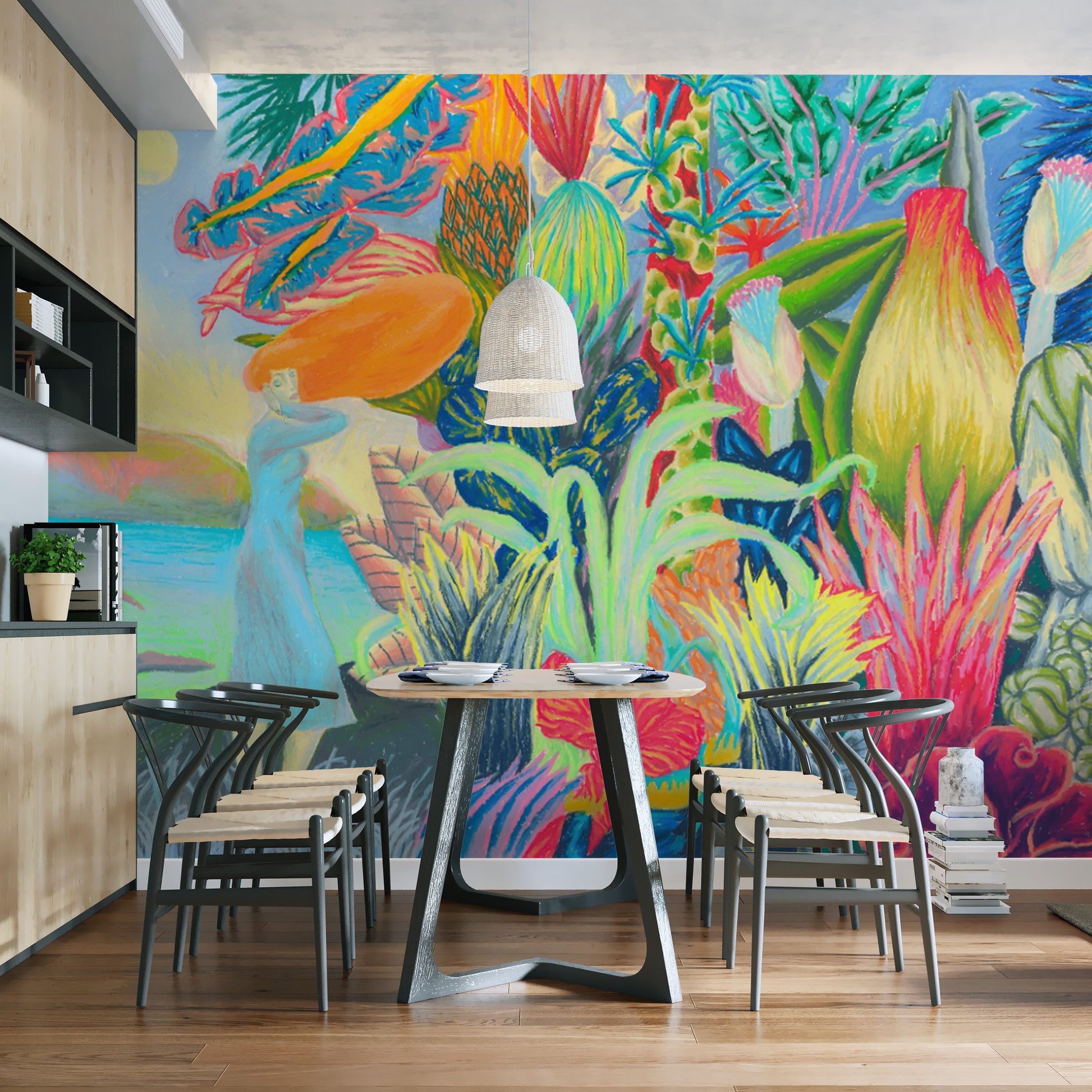 Fantasy floral wallpaper with greenery