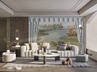 Scenic lake wallpaper with floral accents
