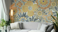Golden and gray floral wallpaper close-up

