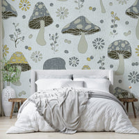 Playful mushroom wallpaper pattern close-up

