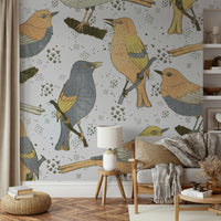 Muted peach and gray birds wallpaper close-up

