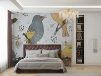 Artistic bird mural wallpaper detail

