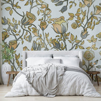 Soft golden and gray floral wallpaper close-up

