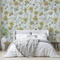 Soft golden and gray floral wallpaper close-up


