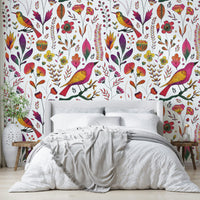Bright floral wallpaper with songbirds for walls

