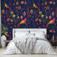 Playful bird wallpaper mural design


