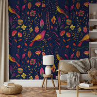 Cheerful bird and flower wallpaper texture

