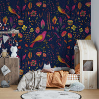 Nursery wallpaper with colorful songbirds


