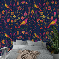 Joyful wallpaper with birds and leaves

