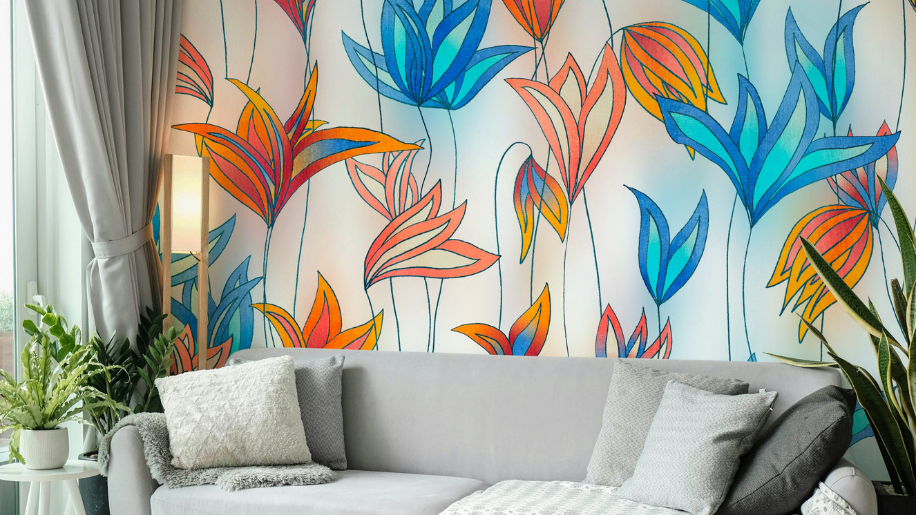 Large blue and orange wildflower wallpaper pattern

