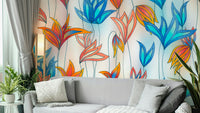 Large blue and orange wildflower wallpaper pattern

