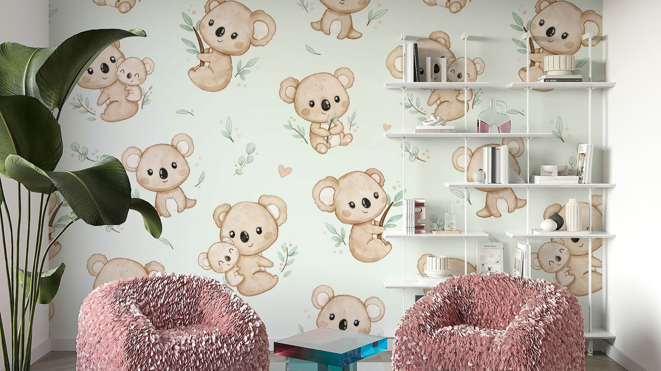 Watercolour koalas cuddling on mint backdrop

