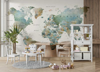 Elegant world map mural in neutral tones

