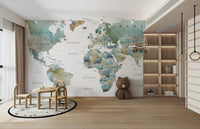 Travel-inspired wallpaper in muted colours

