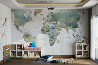 Neutral tone world map wallpaper for office

