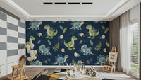 Navy wallpaper with cute baby dinosaurs

