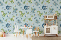 Baby dinosaur wallpaper in light blue

