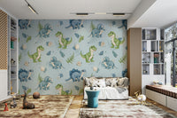 Dino Pals blue nursery wall design

