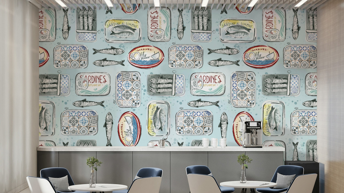 kitchen wallpaper with fish tins