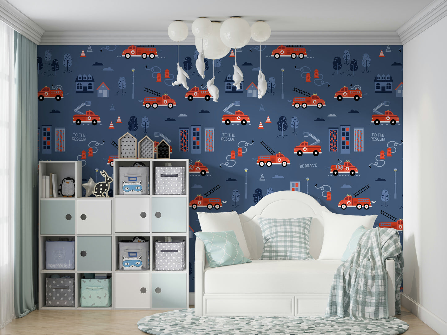 blue kids wallpaper with fire trucks