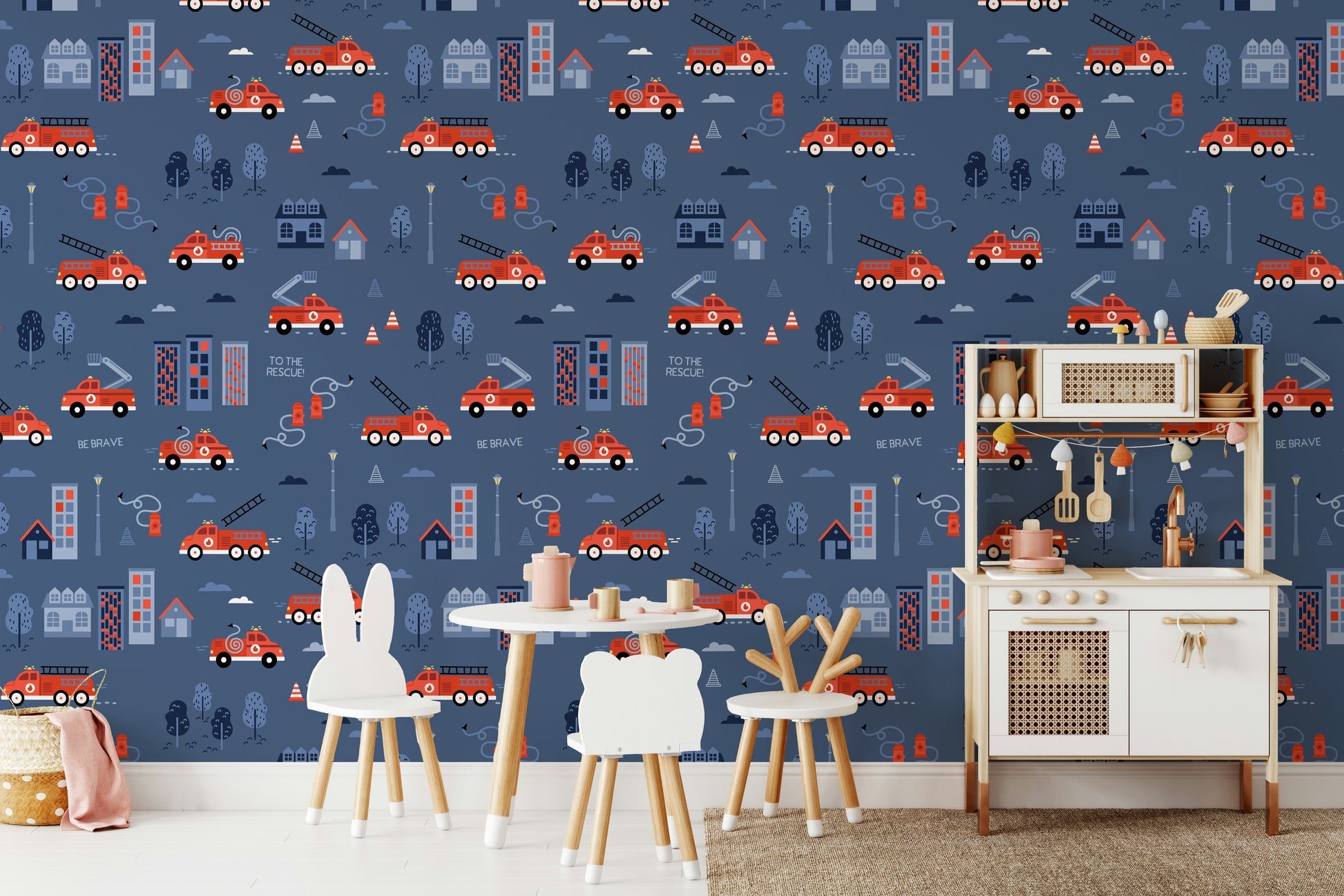 fire truck scene on navy wallpaper