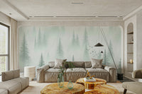 pine tree wall mural with soft fog