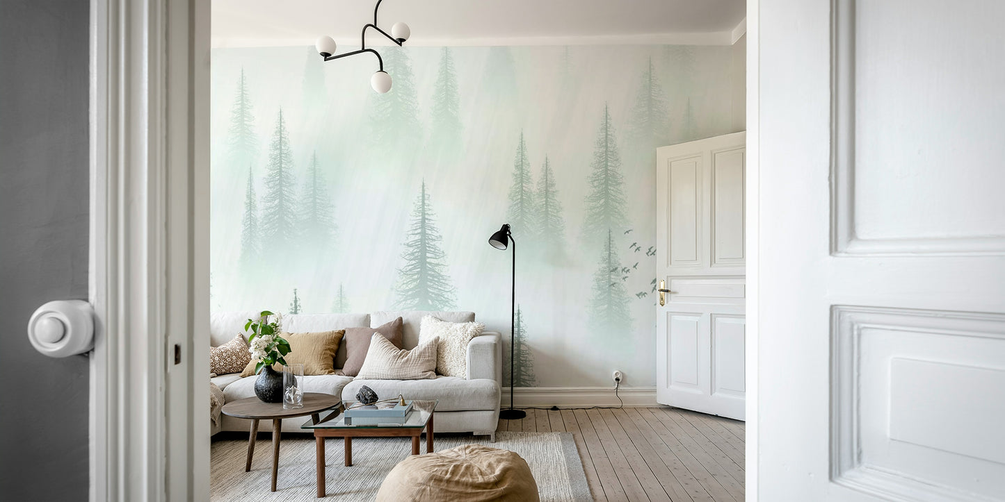 forest trees wallpaper in soft tones