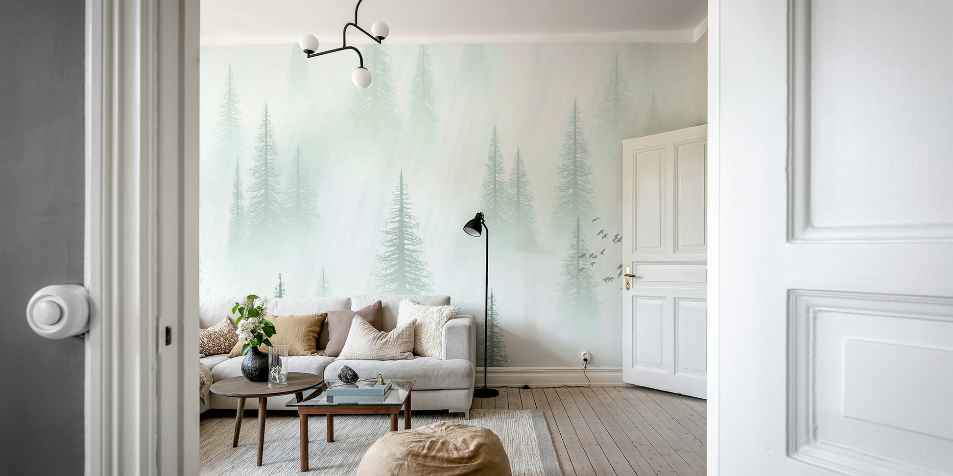 forest trees wallpaper in soft tones