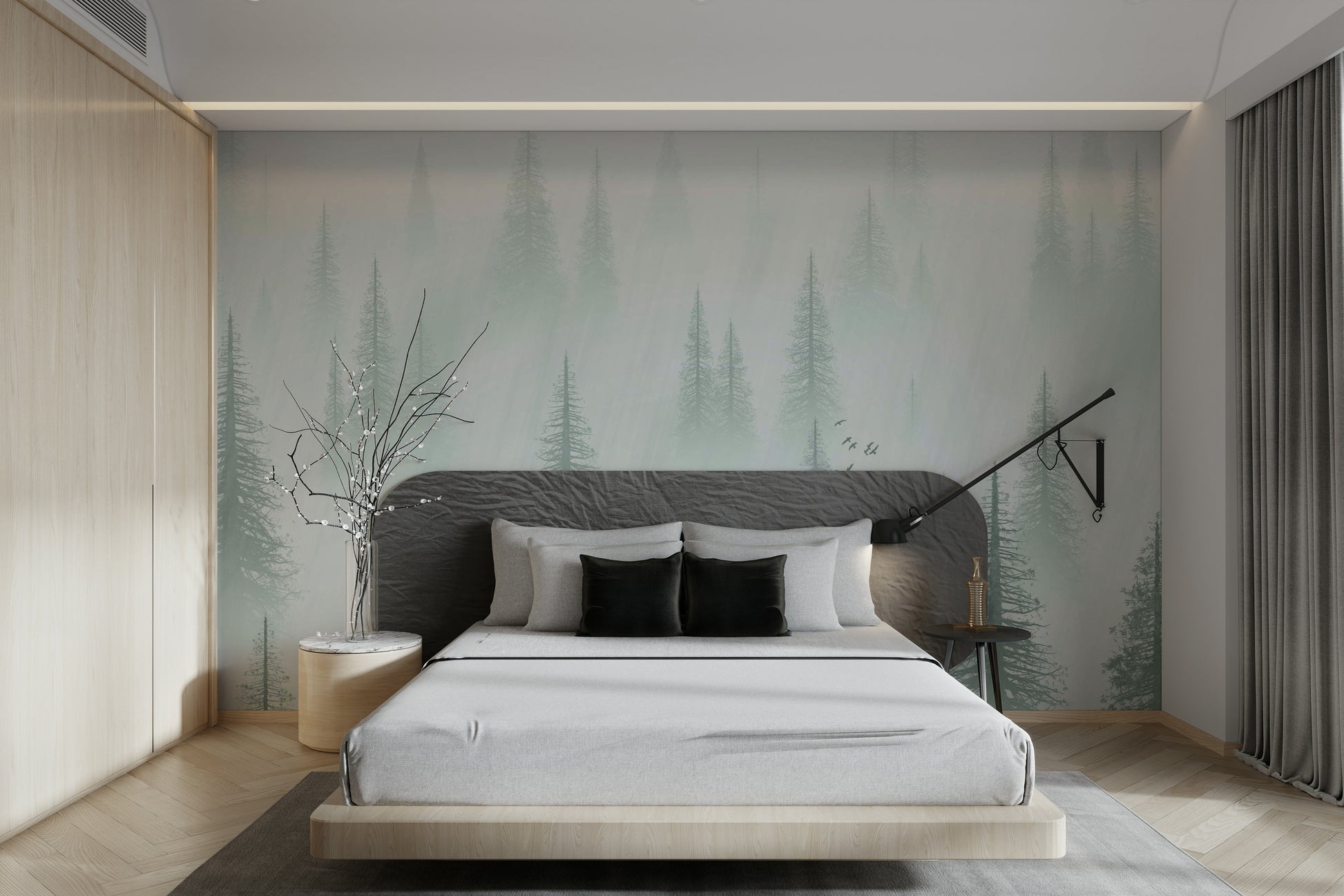 misty woodland wall mural with birds

