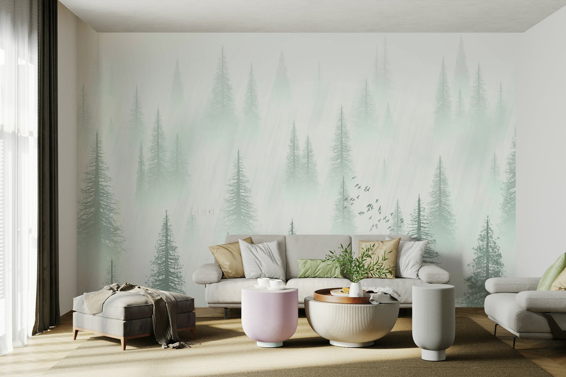 soft fog forest scene wall mural