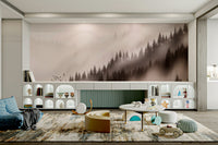 Sepia valley wallpaper with misty trees