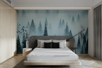 Calm forest dawn mural in soft tones