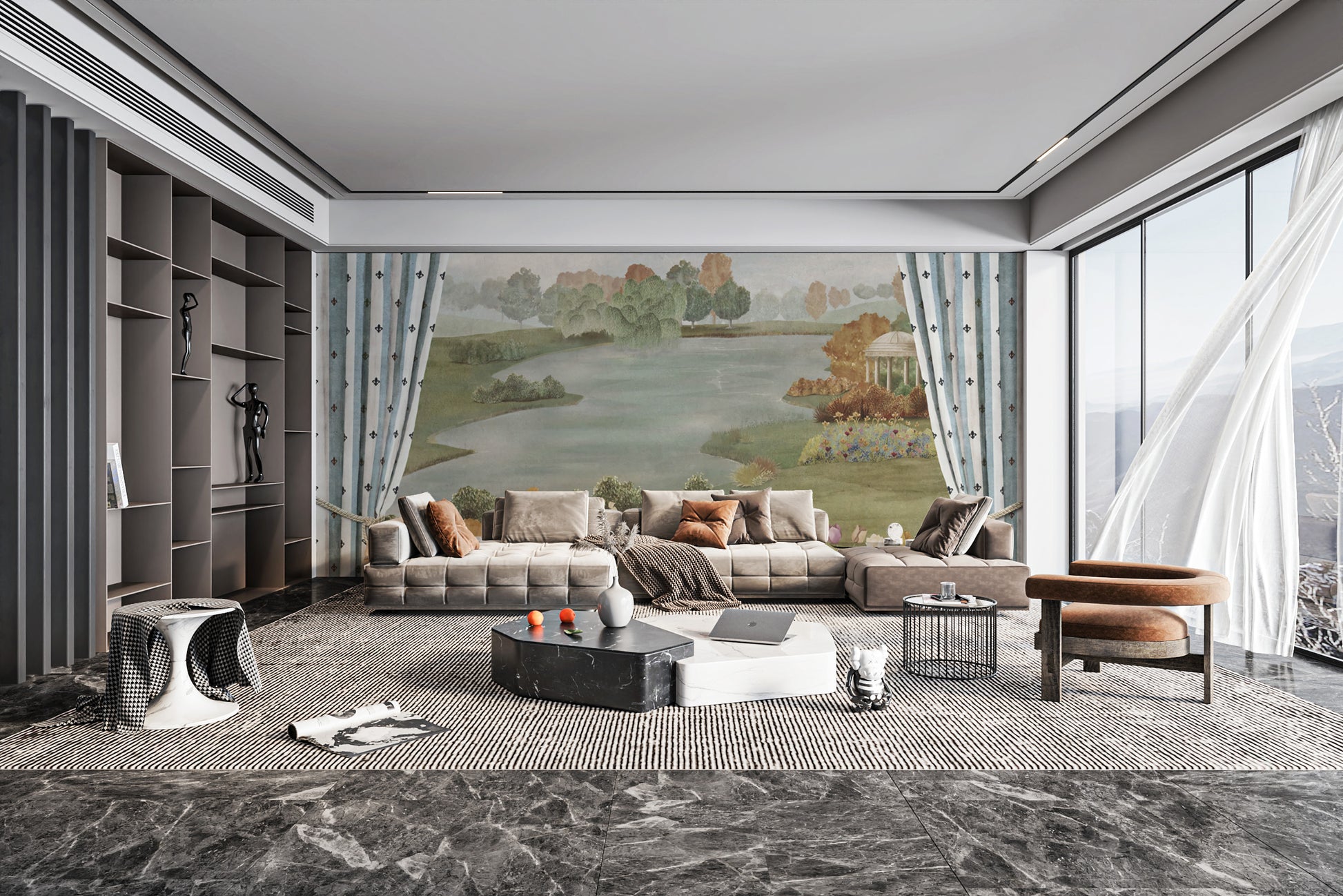 Tranquil garden lake wallpaper for decor
