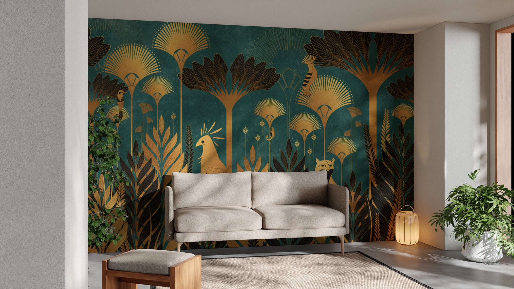 Elegant Green and Gold Foliage Mural
