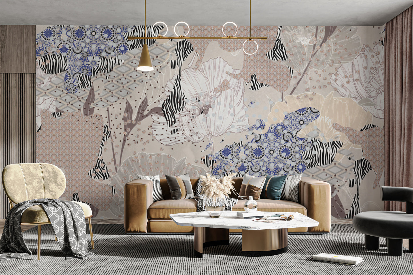 Modern floral patchwork wallpaper design
